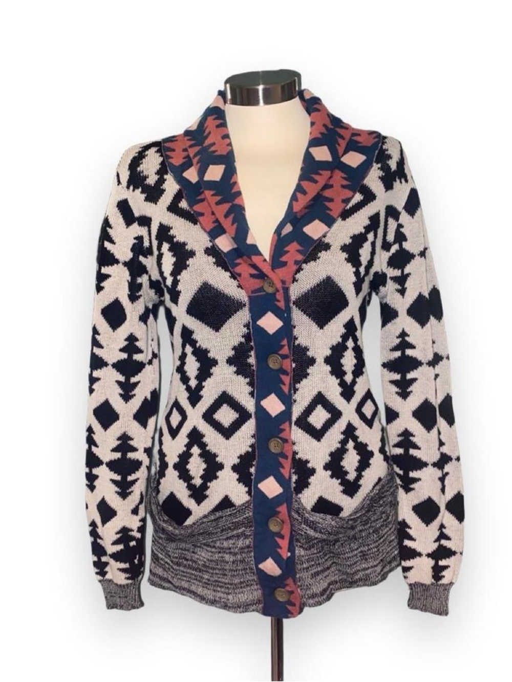 BKE Aztec Shawl Collar Cardigan - Navy, White & Dusty Pink